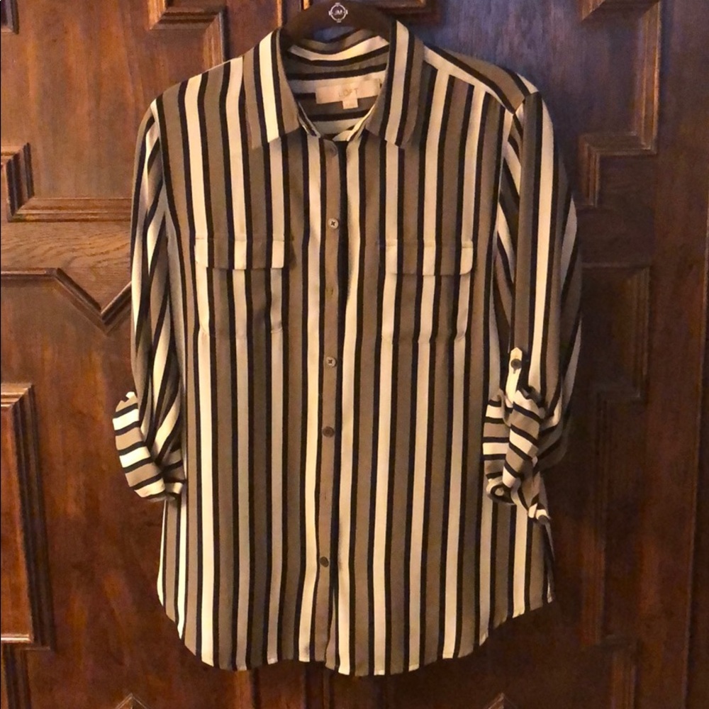 Classic taupe, cream and black stripe blouse